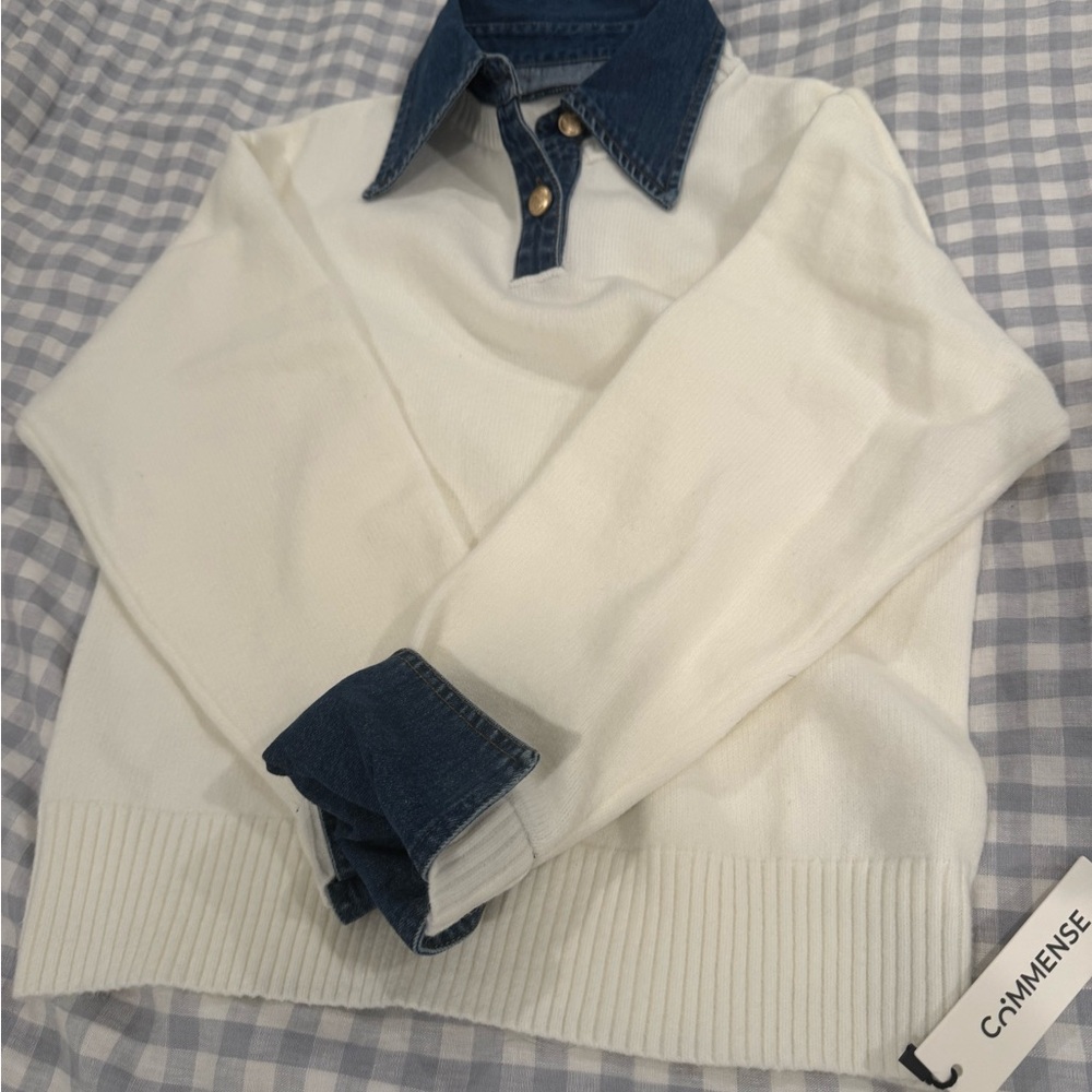 2 in 1 Lapel Denim White Sweater NWT